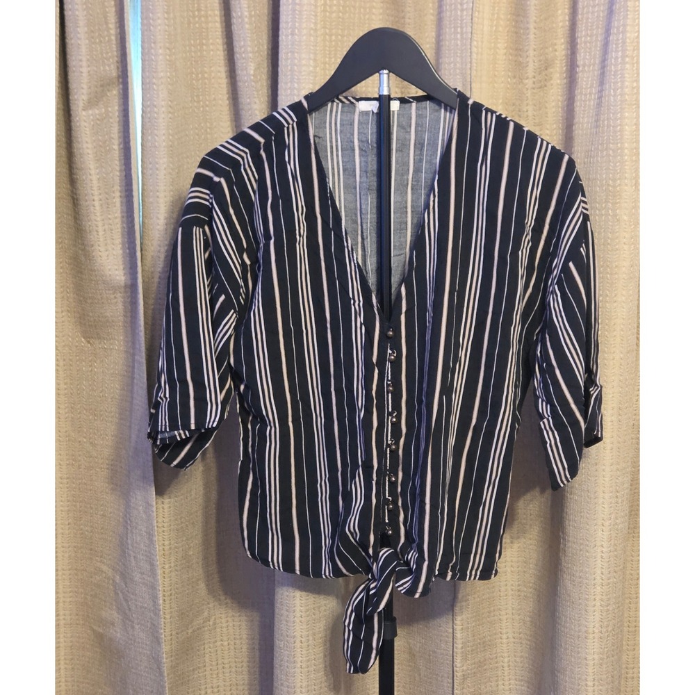 Maurices Striped‎ Crop Tie Front Blouse Womens Size Large Black Tan V-Neck